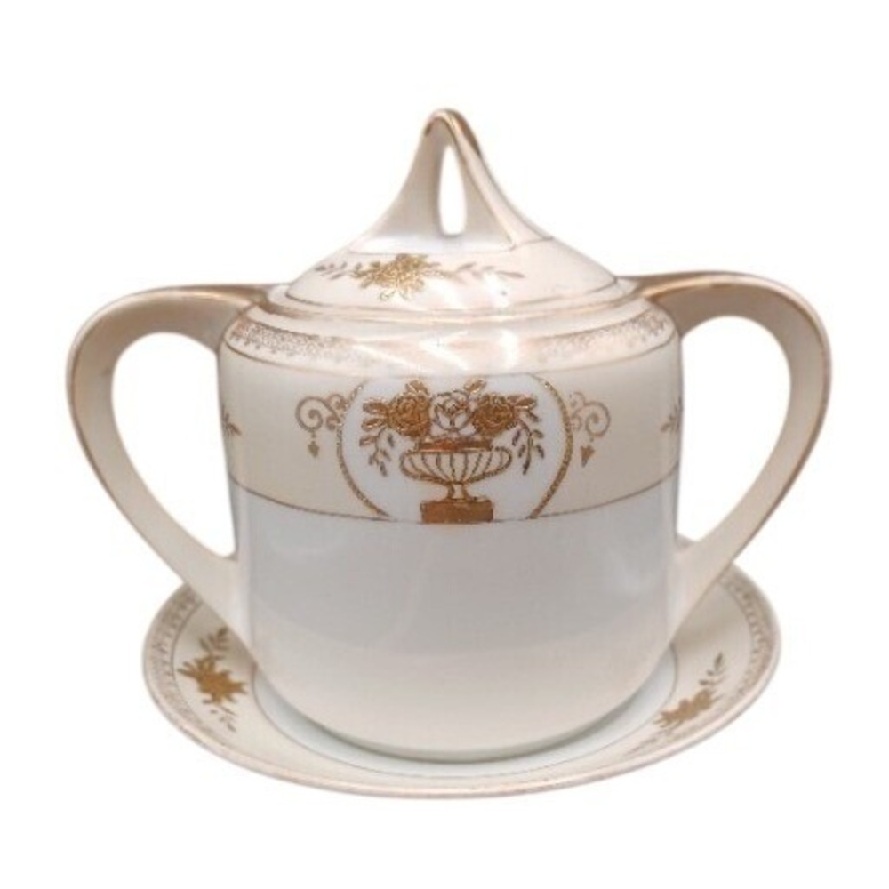 Noritake Hand Painted Gold Moriage Sugar Bowl‎ with Lid and Underplate Japan